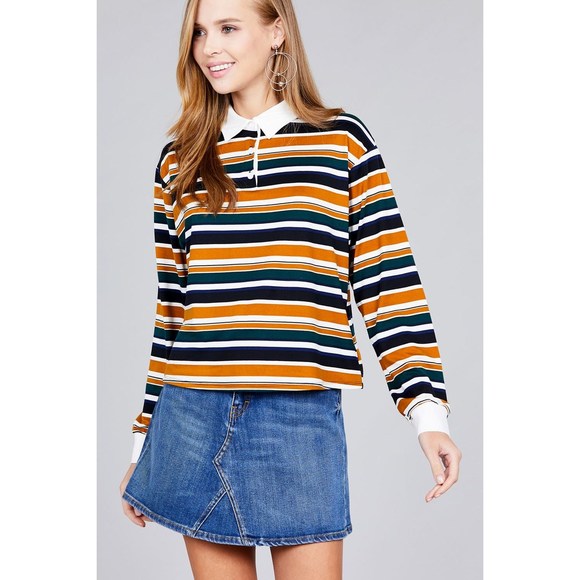 Ladies fashion plus size long sleeve multi striped dty brushed shirts - Picture 3 of 8